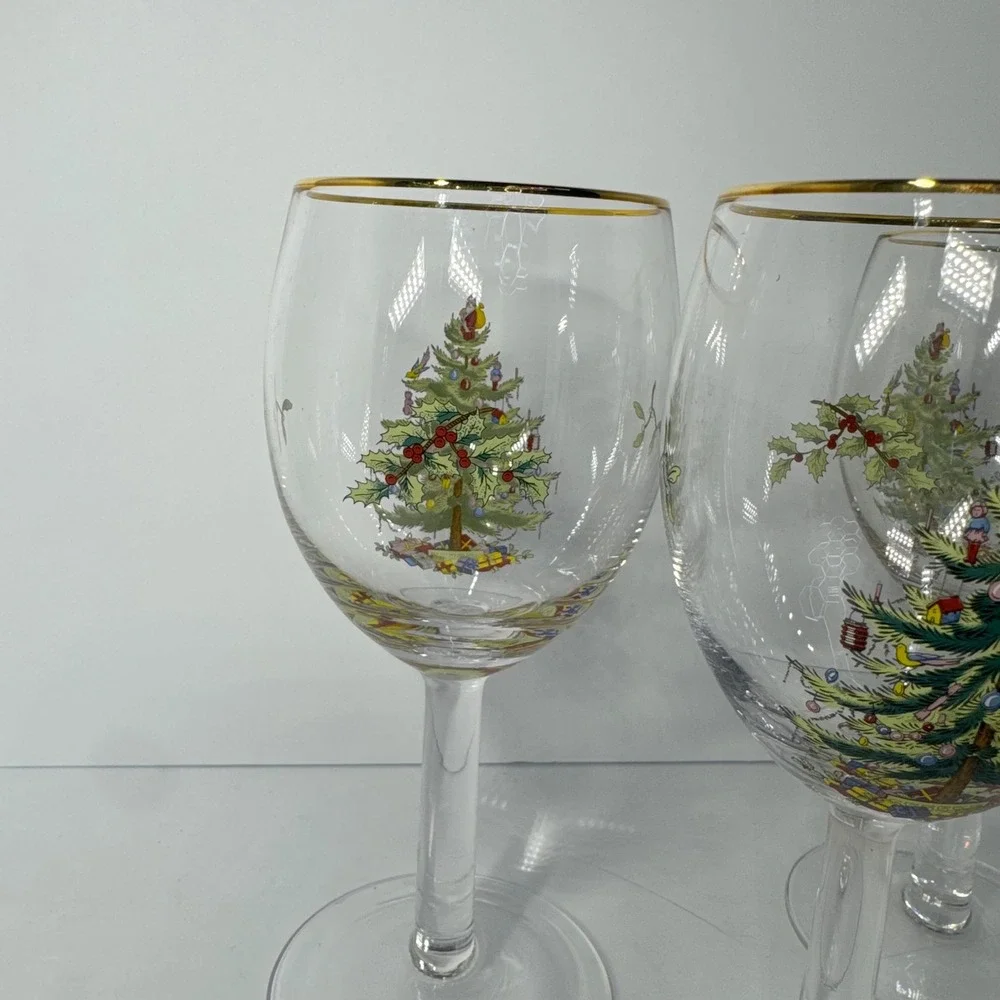 Spode Christmas Tree Wine Glasses Set of 4 Gold Rim Holiday Stemware 7.25 inch‎